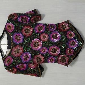 Vintage silk Laurence Kazar floral heavily beaded  embellished party blouse